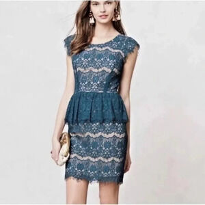 Anthropologie | Maeve | Elsa Peplum Eyelash Lace Teal Blue Cocktail Dress Size L